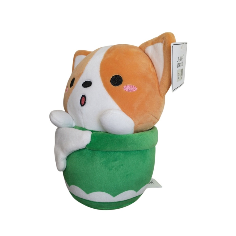JHWK Corgi Plush in Green Flower Pot Stuffed Animal Toy NWT Kawaii Cute